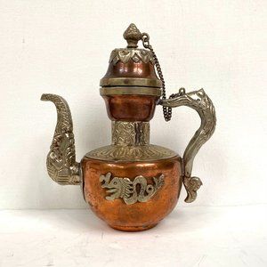 Vintage Tibetan Copper Silver Color Tea/Coffee Pot w/ Lid On Chain Dragon Handle